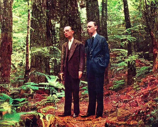 Prompt: close - up of edgar cayce and aldous huxley in a forest, epic colorful hyper detailed award winning photography