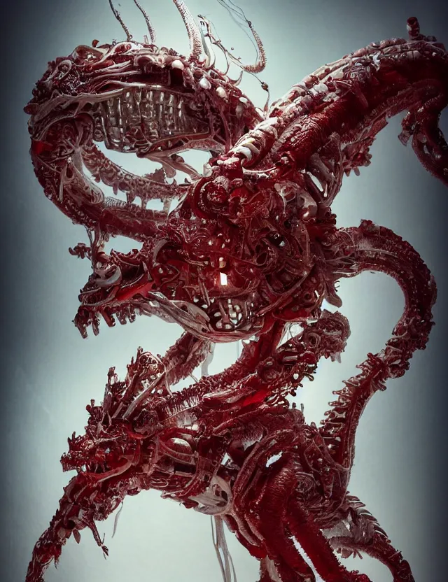 Image similar to legendary white dragon, red biomechanical details, wearing epic bionic cyborg implants, inflateble shapes, wires, tubes, red veins, jellyfish, masterpiece, intricate, biopunk, highly detailed, artstation, concept art, cottage core, cinematic focus, polaroid photo, bleached, vintage, high - key lighting, soft lights, foggy, by tarkovsky, 8 k