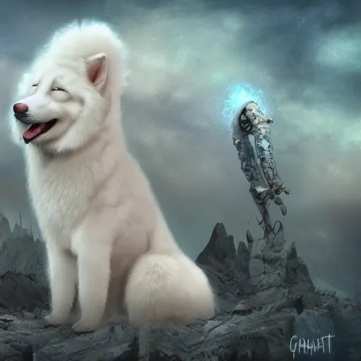 Image similar to a ginat statue of a samoyed in an eldritch apocalyptic landscape covered in monstrosities by bekinski, fantasy art, 4k, HDR, photorealistic, 8k, trending on artstation