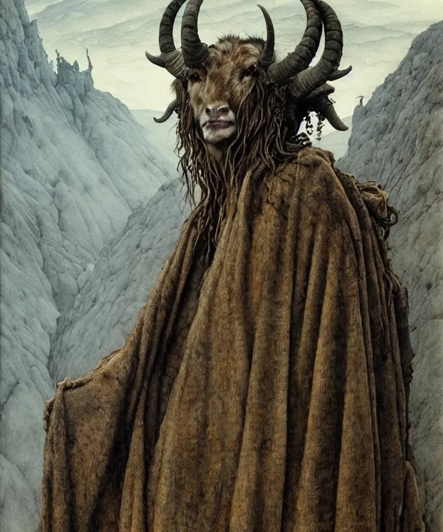 Image similar to A detailed horned goatwoman stands among the hills. Wearing a ripped mantle, robe. Perfect faces, extremely high details, realistic, fantasy art, solo, masterpiece, art by Zdzisław Beksiński, Arthur Rackham, Dariusz Zawadzki