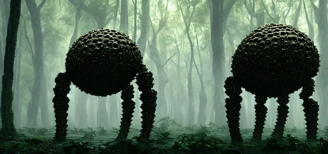 Image similar to a complex organic fractal 3 d metallic symbiotic ceramic humanoid megastructure creature in a swampy lush forest, foggy, sun rays, cinematic shot, photo still from movie by denis villeneuve, wayne barlowe