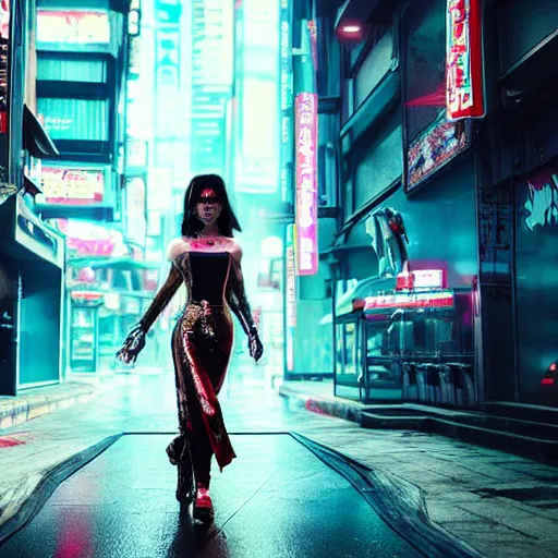 Prompt: a geisha dressed in metallic clothes, in a futuristic city int he style of cyberpunk 2 0 7 7, award winning photography