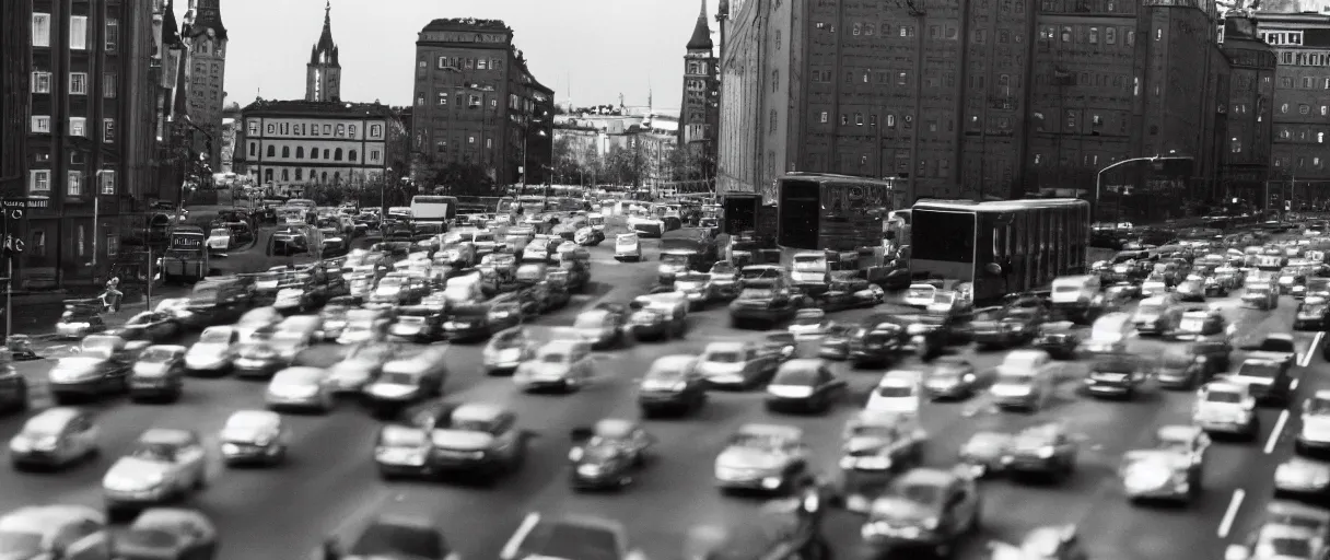 Prompt: Photo of Stockholm car traffic in the far future, Arriflex ii, 35mm lens, award-winning, city