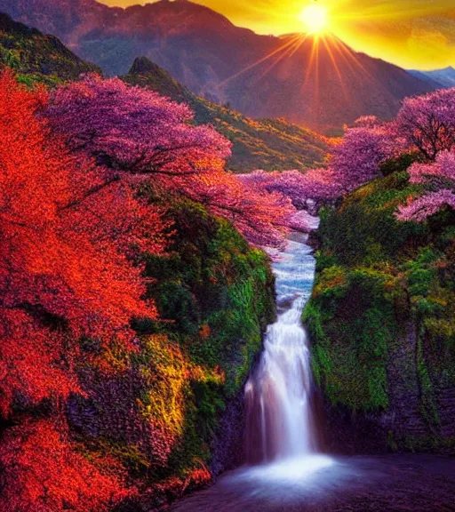 Image similar to featured on artstation cherry tree overlooking valley waterfall sunset beautiful image stylized digital art