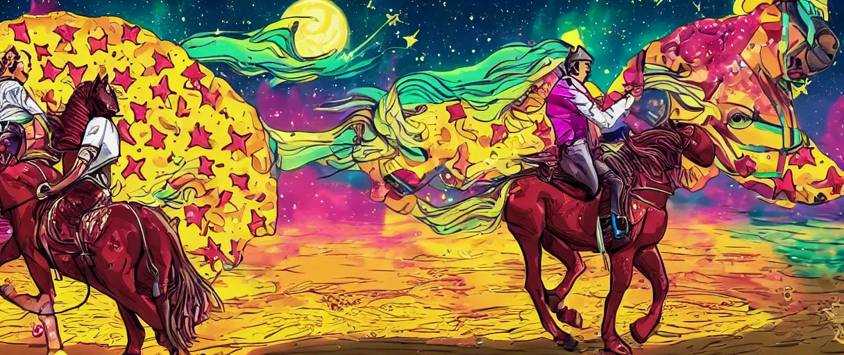 Image similar to a horse riding across the stars on a big pizza, comic style, colorful, 4 k, high details, vaporwave