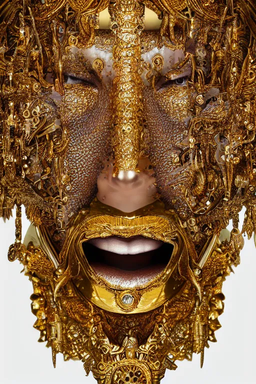 Prompt: sculpture made of gold, portrait, future, shaman, gold, close up, harper's bazaar, vogue, magazine, insanely detailed and intricate, concept art, ornate, luxury, elite, elegant, trending on artstation,