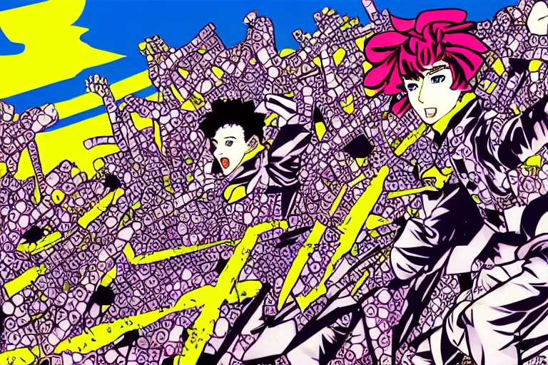 Image similar to The Stalingrad ruins | Colorfull pop art | art by Hirohiko Araki | Hirohiko Araki | Anime wallpaper | funky | colorful | digital art