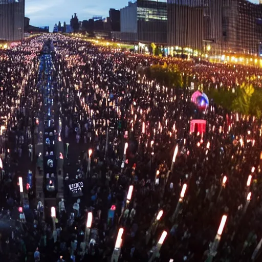 Image similar to 4 k wide angle gigantic army of mark zuckerberg robots during a protest with torch lighting at dusk