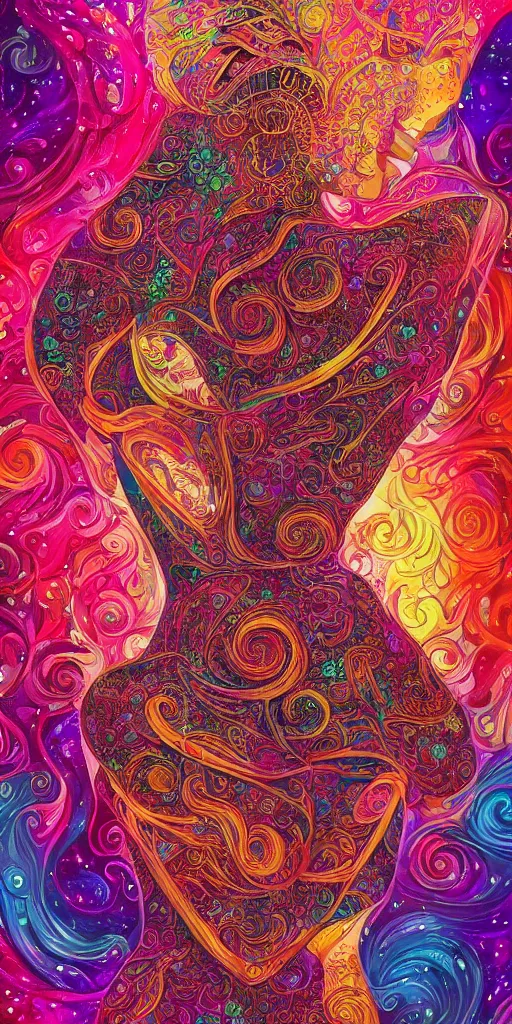 Image similar to 8k detailed psychedelic abstract illustration of a goddess projecting her dreams, detailed, intricate, elegant, highly detailed, digital painting, artstation, smooth, sharp focus