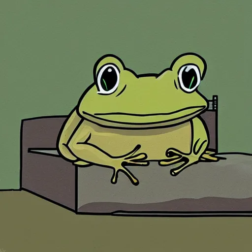 Image similar to peepo the frog!!!, lying on his bed with a laptop, crying!!!, sad lo-fi vibes, dramatic,