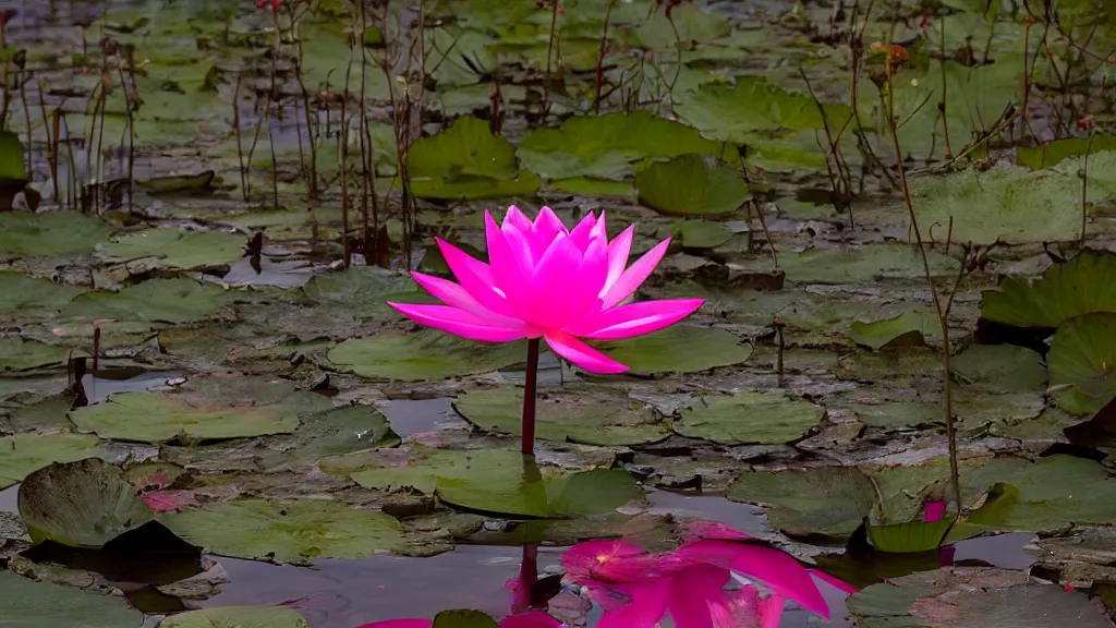 Prompt: A bright pink lotus flower rising from a dark, bracken pond