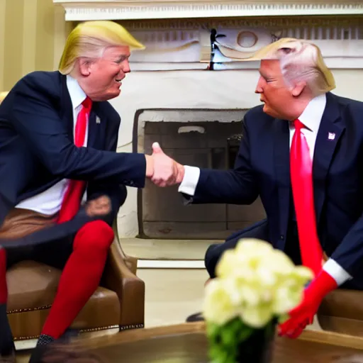 Image similar to Photo of Barack Obama smiling and shaking hands with Donald Trump wearing a blue shirt, realistic