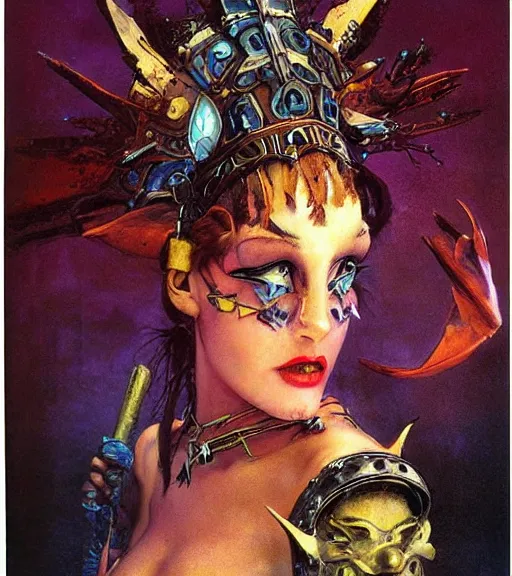 Image similar to princess of the wasteland, scrap metal headdress, strong line, vivid neon color, high contrast, beautiful! coherent! by brian froud, by frank frazetta, low angle