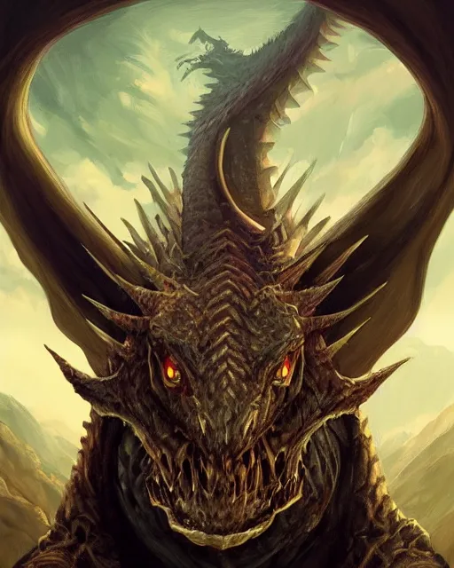 Image similar to ''face portrait of dragon, rule of thirds, fantasy, mountain landscape, d & d, digital painting, artstation, deviantart, concept art, illustration, art by dragolisco and anne stokes and nico niemi''