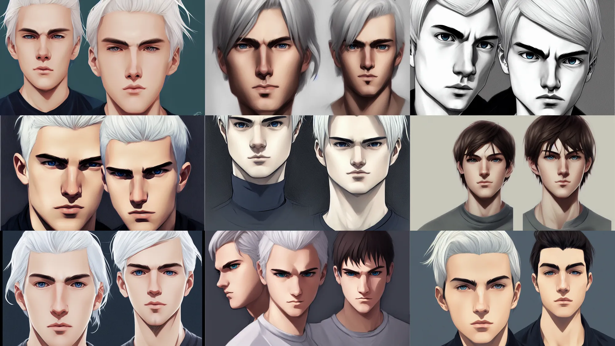Prompt: portrait art by phil noto, young male, white hair, beautiful face, symmetrical face, beautiful eyes, semi realistic anime, anime! 4 k