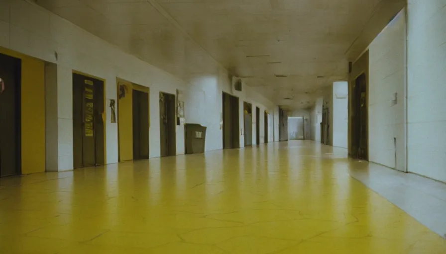 Prompt: 60s movie still of a sovietic stalinist style empty hallway with yellow tiles, cinestill 800t 50mm eastmancolor, liminal Space style, heavy grain