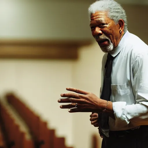 Image similar to cinematic still of Morgan Freeman preaching at a Baptist Church in Rural Tennessee, close up, shallow depth of field, cinematic