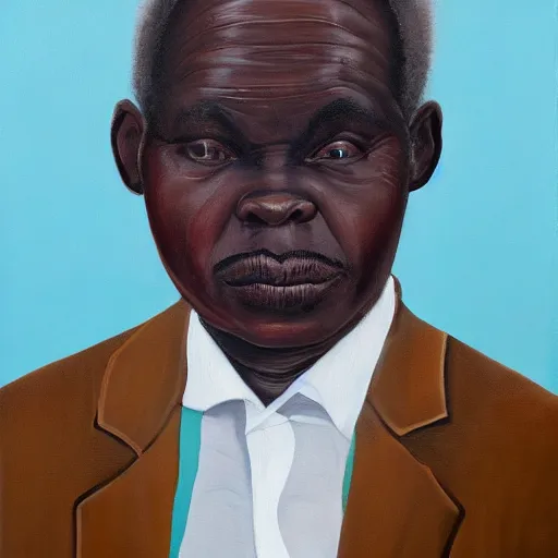 Image similar to a painting of a fatherly wide forehead, round face, XXL , loving, caring, generous, ever-present, humble, wise elder from Kenya in a suit by Wangechi Mutu . Fatherly/daddy, focused, loving, leader, relaxed,. ethereal lights, details, smooth, sharp focus, illustration, realistic, cinematic, artstation, award winning, rgb , unreal engine, octane render, cinematic light, macro, depth of field, blur, red light and clouds from the back, highly detailed epic cinematic concept art CG render made in Maya, Blender and Photoshop, octane render, excellent composition, dynamic dramatic cinematic lighting, aesthetic, very inspirational, arthouse.