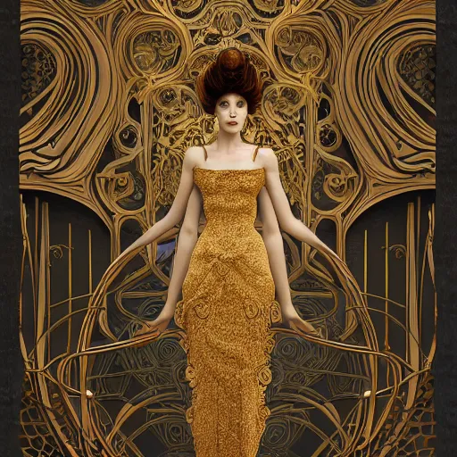 Image similar to a beautiful girl made of ivory and gold, highly intricate, digital art, very detailed, in the style of a weird and dark eerie liminal art nouveau flemish painting, 8k, octane render