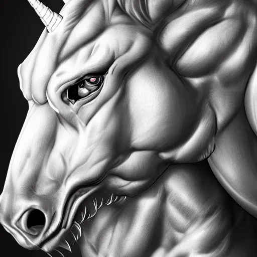 Prompt: epic muscular portrait of gigachad unicorn, 8k, trending on Artstation