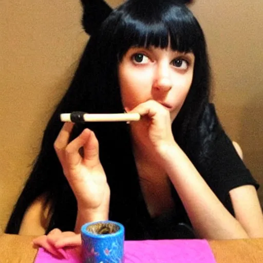 Image similar to a girl who looks like a cat smokes a hookah