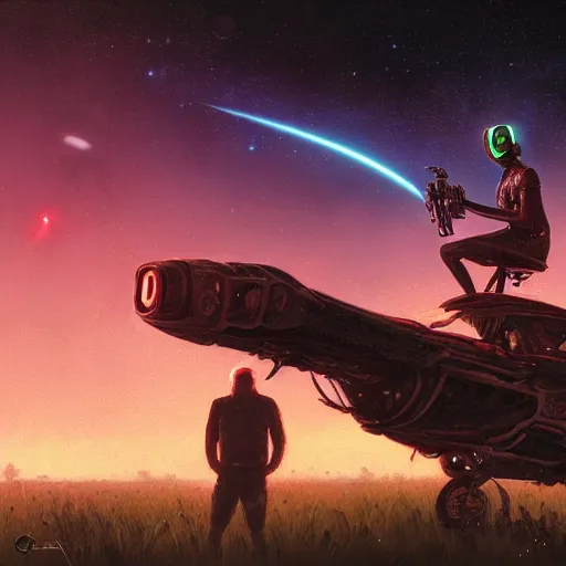 Prompt: a cyberpunk mursi elder sitting in a field watching a meteor shower with his hoverbike in the foreground by greg rutkowski and android jones in a cyberpunk style, oil on canvas, 8k, afrofuturism