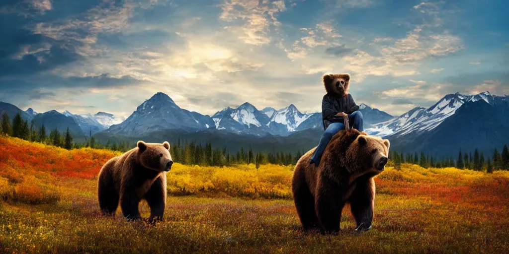 Image similar to bob ross riding on the back of a brown bear in alaska at fall season, outdoor, volumetric lighting, hyperrealistic, shutterstock contest winner, national geographic photo, stockphoto, majestic