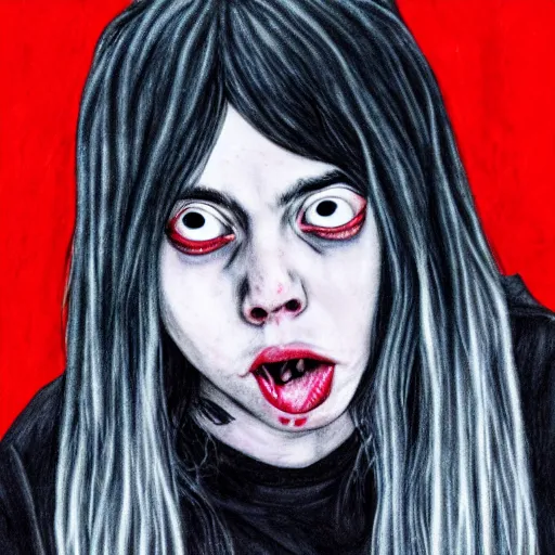 Image similar to grunge drawing of billie eilish in the style of the grudge