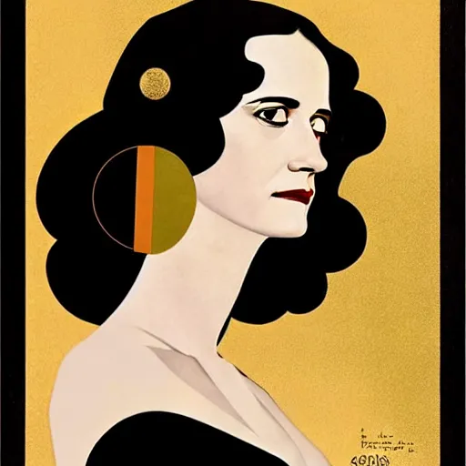 Image similar to Eva Green, Art by Coles Phillips, Portrait of the actress, Eva Green as Space Commander Alpha from the Year 4000, geometric art, poster, no text, Mucha, Kandinsky, carbon blac and antique gold