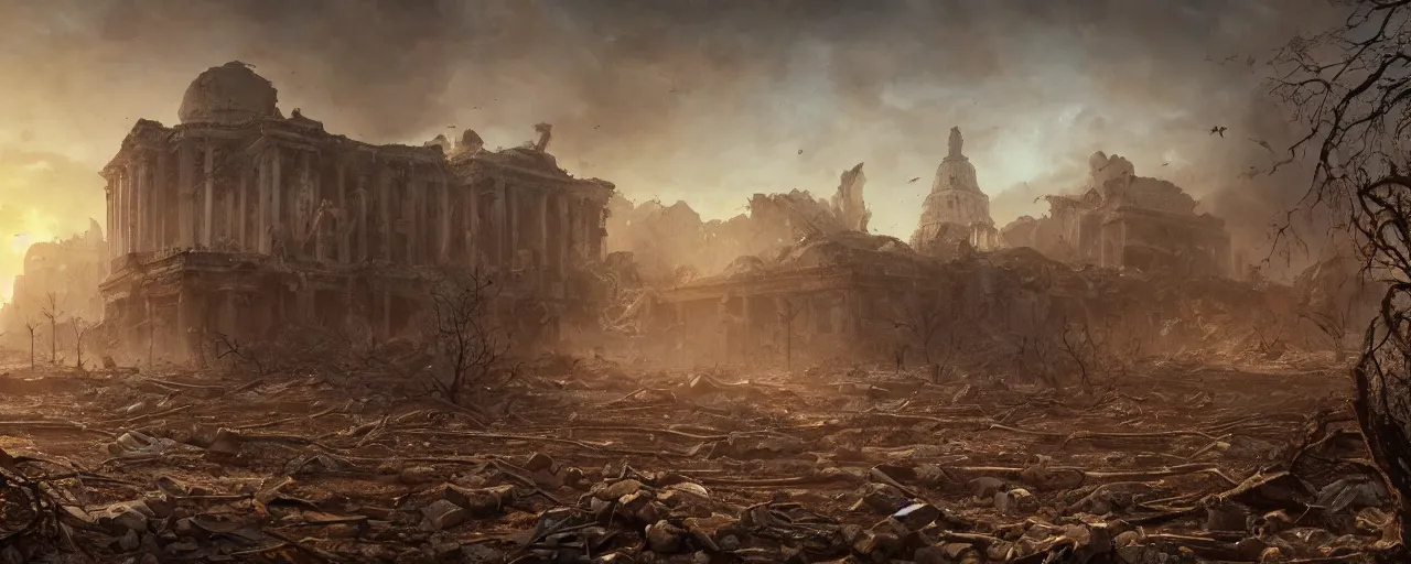 Image similar to A beautiful hyper realistic detailed matte painting of the destroyed Capitolium after nuclear bomb | post-apocalyptic landscape at early sunrise | a lot of debris and burned bushes and trees | by John Howe and Andreas Rocha and Martin Johnson Heade and Albert Bierstadt, Fallout style | unreal engine, trending on artstation, golden ratio, rectilinear