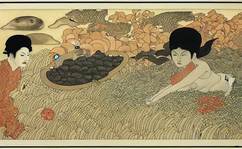 Image similar to business dashboard with time series charts, pie plots and other modern graphics, with small creatures swimming on it. diego rivera ( takato yamamoto influence ). ravi supa.