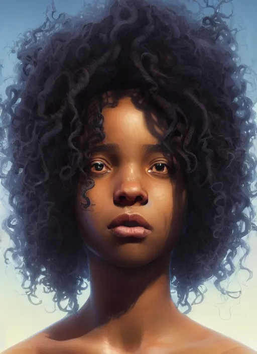 Image similar to highly detailed portrait of black girl with long curly hair looking at the camera in gta v, stephen bliss, unreal engine, fantasy art by greg rutkowski, loish, rhads, ferdinand knab, makoto shinkai and lois van baarle, ilya kuvshinov, rossdraws, tom bagshaw, global illumination, radiant light, detailed and intricate environment