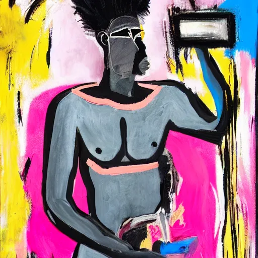 Image similar to A mirror selfie of a black handsome muscular man with white angel wings and black devil horns holding an iPhone, pitchfork, pink background, abstract jean-Michel Basquiat oil painting with thick paint strokes, oil on canvas, detailed