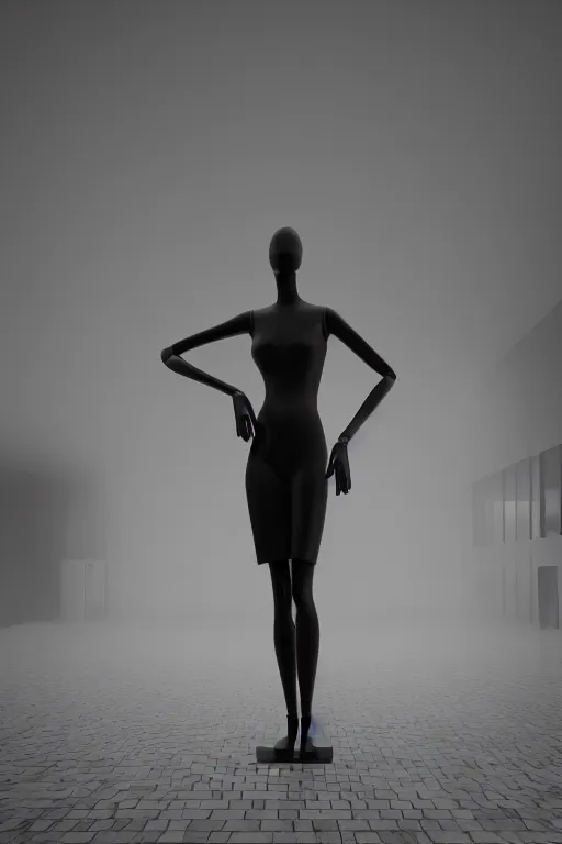 Image similar to black and white high quality photo of a mannequin wearing a VR headset, volumetric lighting, brutalism, foggy, dreamy, hyperdetailed, bokeh, photorealistic, cinematic, masterpiece, elegant, dark, by Giorgio de Chirico, octane render, 8K,