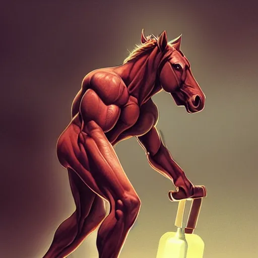 Image similar to a hulking musclebound male anthro horse in a research facility, skintight kevlar outfit with red highlights, exaggerated physique, highly detailed, anthro art, furaffinity, digital painting, artstation, sharp focus, smooth, concept art, illustration, art by artgerm, greg rutkowski, wlop