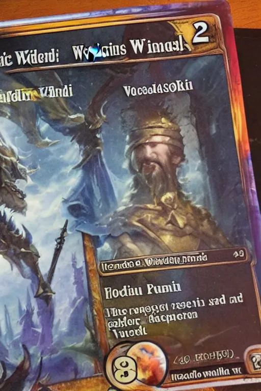 Image similar to a photo showing a magic the gathering card in it's full glory, depicting vladimir putin as a wizzard, 8 k, ultra realistic,