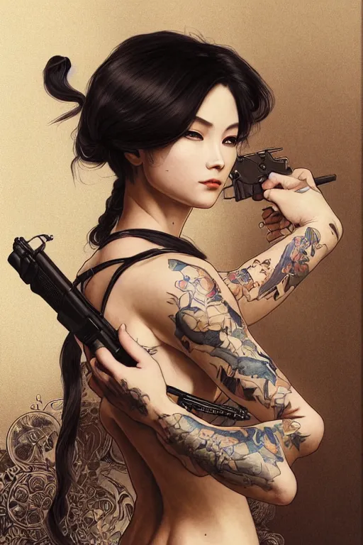 Image similar to tattooed yakuza girl holding a gun, intricate, elegant, highly detailed, digital painting, artstation, concept art, smooth, sharp focus, illustration, art by artgerm and greg rutkowski and alphonse mucha and william - adolphe bouguereau