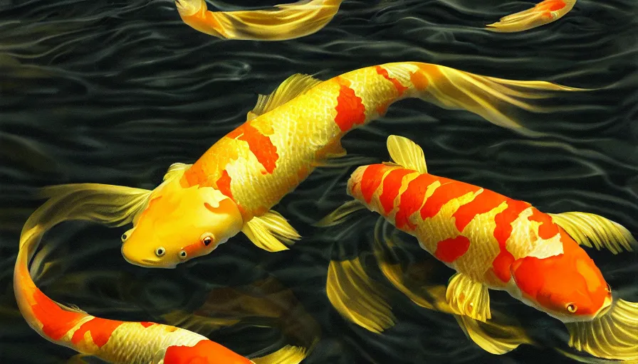 Prompt: a single golden glowing koi! fish swims in magical water with caustics and volumetric lighting, photorealistic painting