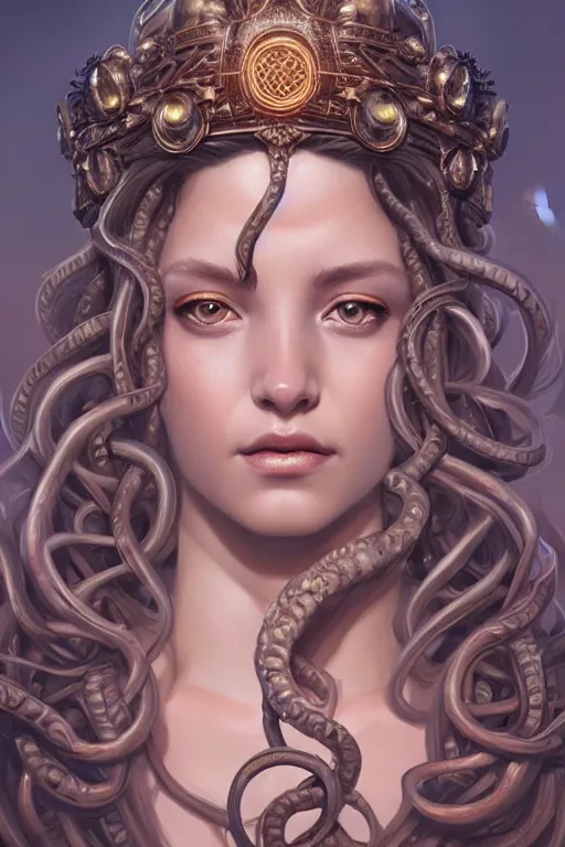 Prompt: highly detailed portrait of an elegant medusa, ornate crown, beautiful symmetrical face, glowing skin, digital painting, artstation, concept art, smooth, clear focus, illustration, greg rutkowski, artgerm, global lighting, detailed and fantasy