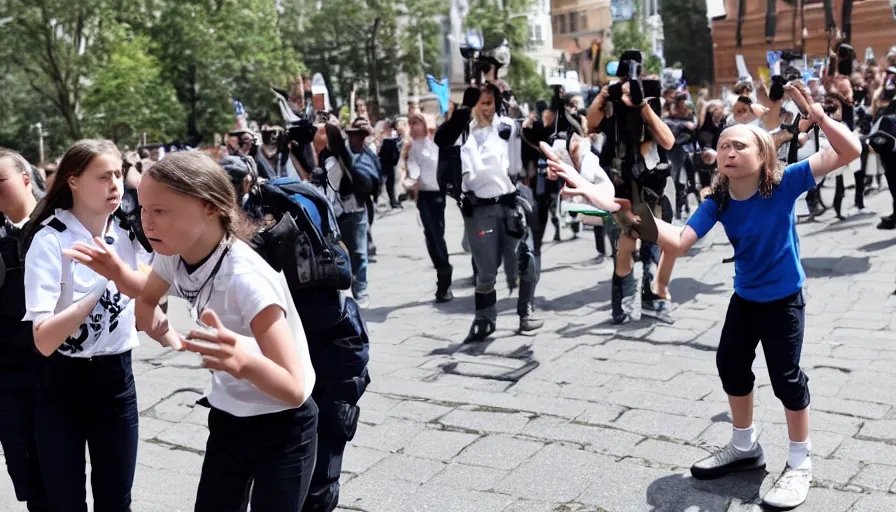 Image similar to greta thunberg instigating a fight in front of the police