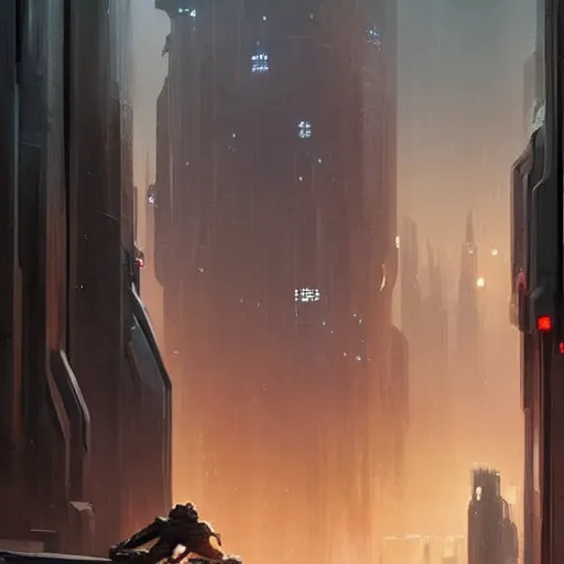 Image similar to star wars concept art by greg rutkowski, a huge metropolis with sharp and elegant buildings, it is night and it feels busy, the buildings are bright, dark and reddish night sky, cinematic lighting, oppressive atmosphere.