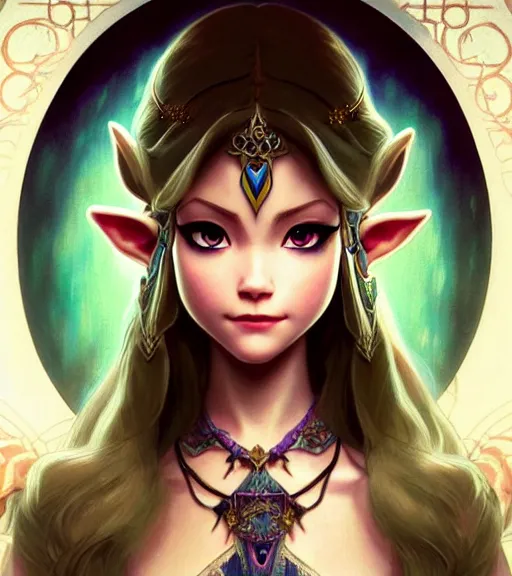 Image similar to portrait of disney zelda twilight princess!!!!!, intricate, elegant, highly detailed, digital painting, artstation, concept art, smooth, sharp focus, illustration, art by artgerm and greg rutkowski and alphonse mucha and uang guangjian and gil elvgren and sachin teng and wlop, symmetry!!