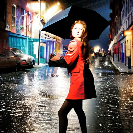 Prompt: night flash portrait photography of a high school girl in uniform on the lower east side by annie leibovitz, colorful, nighttime!, raining!