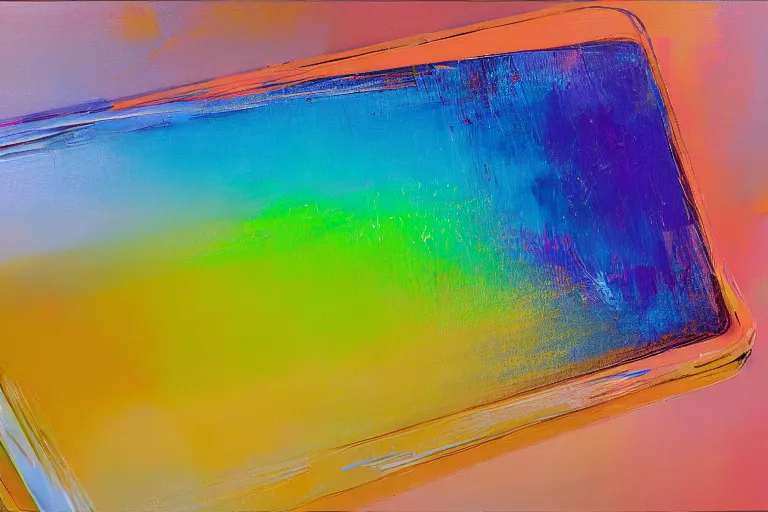 Image similar to a painting by Wayne Thiebaud of an Nvidia GeForce RTX 3090 GPU that has caught on fire, GeForce RTX 3090 on fire, cooling, high specs, ethereal!!!!!!!, by Wayne Thiebaud, neon gradient, nvidia promotional image