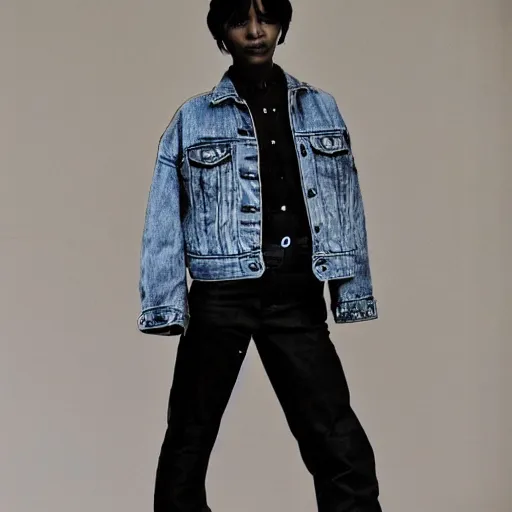 Prompt: realistic photoshooting for a new sacai emil lookbook color film photography portrait of a beautiful woman model, model wears a black paneled denim jacket, photo in style of tyler mitchell