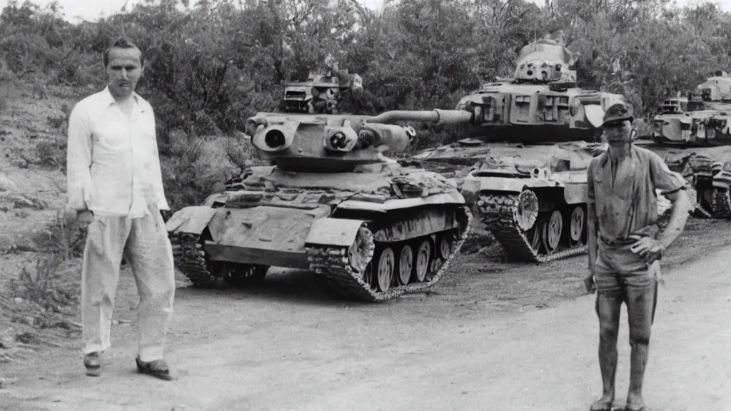 Image similar to old historic photograph of a person in white shirt, white holding grocery bags, standing on the road in front of four battle tanks approaching him