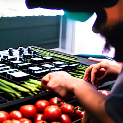 Prompt: film still of fresh produce making beats on an mpc