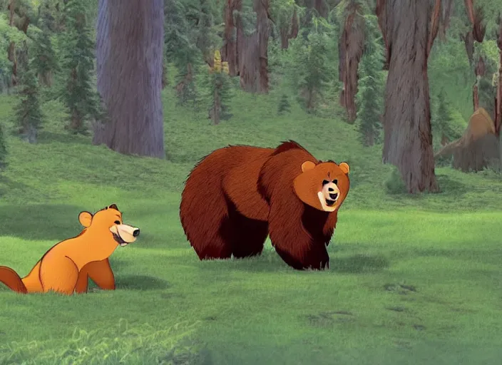 Image similar to screenshot from disney’s ‘Brother Bear’ (2003), iconic scene, HD remaster, Disney, highly detailed, high quality, beautiful scenery, brown bear, Kodak bears, Disney cartoon, film still