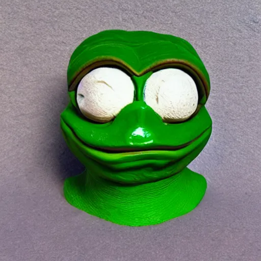 Image similar to clay head of pepe the frog, 3d sculpture, textured, fine detail, lifelike, photo, high resolution