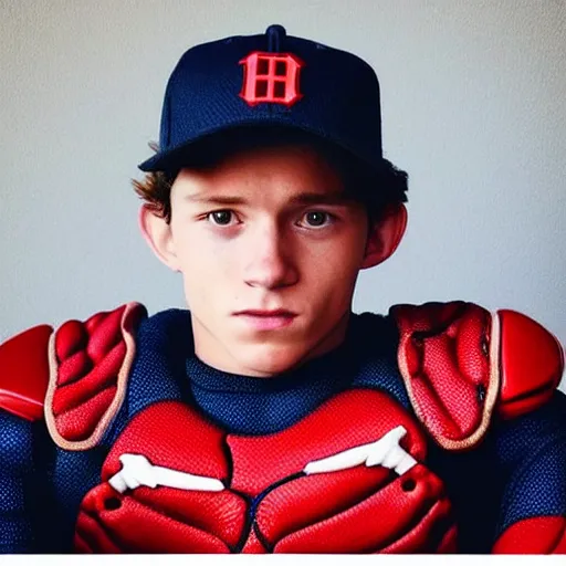 Image similar to “a realistic photo of a guy who is an attractive baseball player man who is part cyborg and part humanoid, who is a robot, Tom Holland”